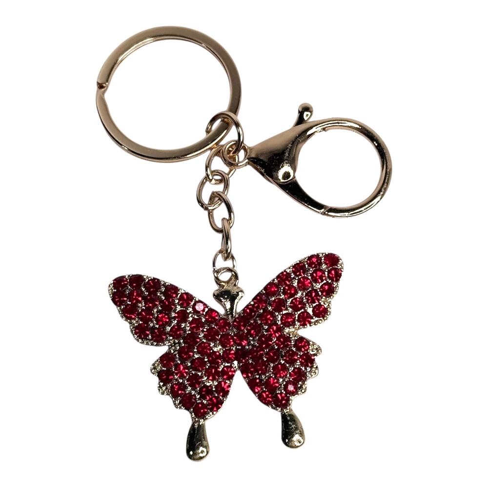 Mint Rhinestone Butterfly Bag Charm Red Crystal Key Chain Ring Backpack Purse 4"